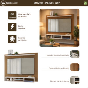 Painel para TV até 60 Polegadas Ripado Para Sala Com Nicho e Prateleira Espaçosa Organização Moderna