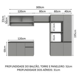 Armário de Cozinha Completa Suspenso 300cm Cinza Nice Madesa 06