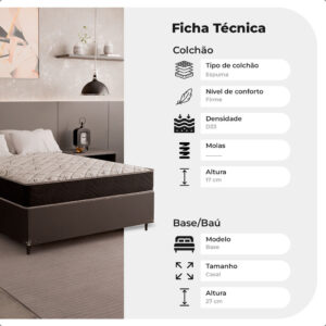 Cama Box Casal + Colchão D33 One Face - Couro Preto