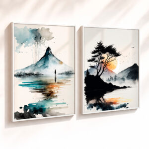 Kit 2 Quadros com Moldura Paisagem Aquarela Montanha Lago Minimalista Natureza Zen - Branca