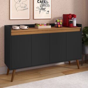 *Aparador Buffet Cantinho Café Sala Jantar Cozinha 4 Portas Puxador Embutido Prateleira Interna K7 - Lívia 4 Preto Com Freijó