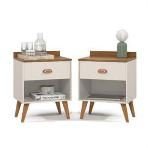 Kit com 2 Mesa de cabeceira Pérola pé palito - Cores - KIT PÉROLA - OFF WHITE/FREIJO