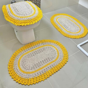 Jogo De Banheiro Em Crochê 3 Peças Vezinho Artesanal - Amarelo Ouro