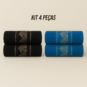 Kit4 Toalhas de Banho Banhão Gigante 100% Algodão – Super Macias, Alta Absorção e Qualidade Premium - KIt 4 Toalhas - Azul&Preto