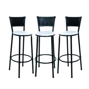 KIT 3 BANQUETAS BANCO ALTO ENCOSTO PRETO COZINHA AREA GOURMET MOVEIS DE JUNCO - branco