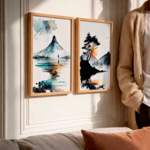 Kit 2 Quadros com Moldura Paisagem Aquarela Montanha Lago Minimalista Natureza Zen