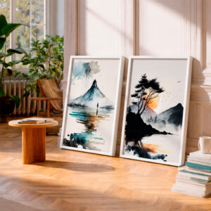 Kit 2 Quadros com Moldura Paisagem Aquarela Montanha Lago Minimalista Natureza Zen