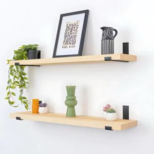 Kit 2 Prateleiras Estilo Industrial com Mão Francesa Invertida Prateleira de Madeira - Madeira Natural, Suporte Preto