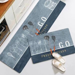 Kit Tapete Jogo Passadeira Cozinha Belga Antiderrapante 2 Pç Promoção - Lanche Fundo Azul