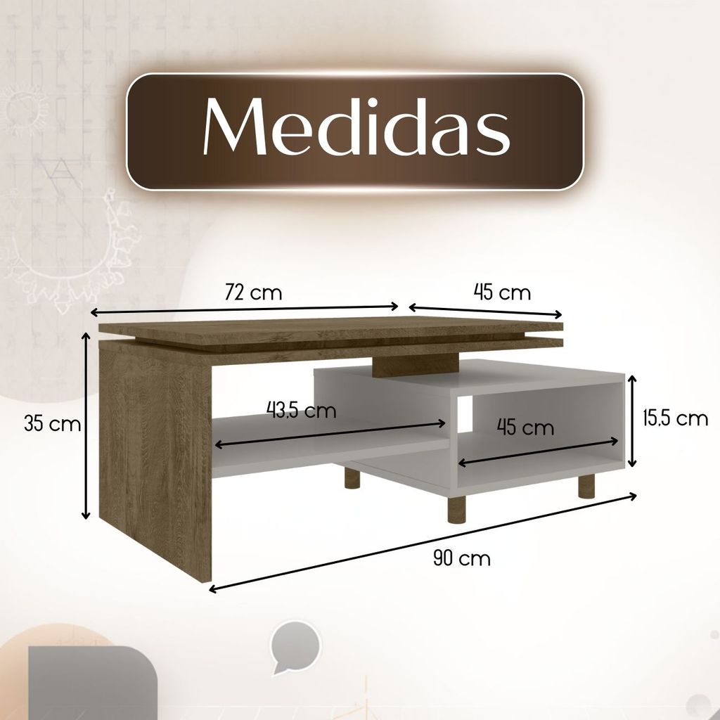 Mesa Centro Sala Retangular Tampo Duplo Pés Madeira Maciça Design Moderno Luxo Compacta