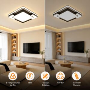 Luminária Plafon LED de Teto Quadrada 45W Bivolt com Controle Remoto 3 Cores