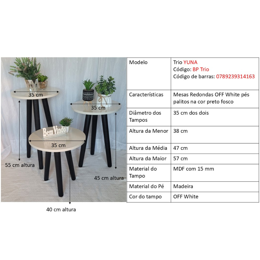 Trio Mesinhas Lateral Redondo Sala Pé Palito Porta Objetos Decoração na cor OFF WHITE pés preto BP