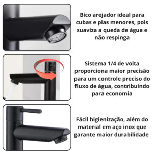 TORNEIRA MONOCOMANDO INOX BLACK 1/4 DE VOLTA COM AREJADOR AGUA FRIA CUBA E PIA LAVABO BANHEIRO