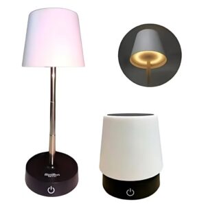 Abajur De Mesa Recarregável Retrátil Em Aço - Luminária Led USB Com Luz Branco Quente Ajustável Sem Fio Design Moderno - Preto com branco