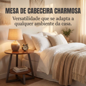 Mesa de Centro Redonda Simples em Madeira Maciça na Cor Nogueira, com 2 Prateleiras (Mesa Auxiliar Decorativa para Sala)