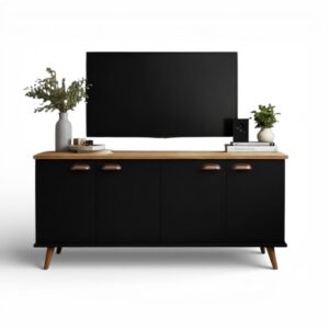 QUEIMA DE ESTOQUE - Buffet Balcão com 3 Portas e 1 Prateleira Multiuso - p/ Sala Estar ou Escritório - 4 PORTAS CEDRO/PRETO