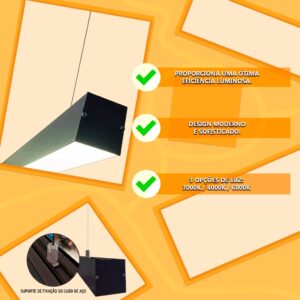 Luminaria de Led Teto Pendente Perfil Retangular Linear Aluminio Sobrepor 1m Bivolt
