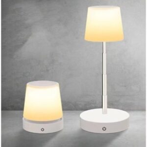 Abajur De Mesa Recarregável Retrátil Em Aço - Luminária Led USB Com Luz Branco Quente Ajustável Sem Fio Design Moderno - Branco