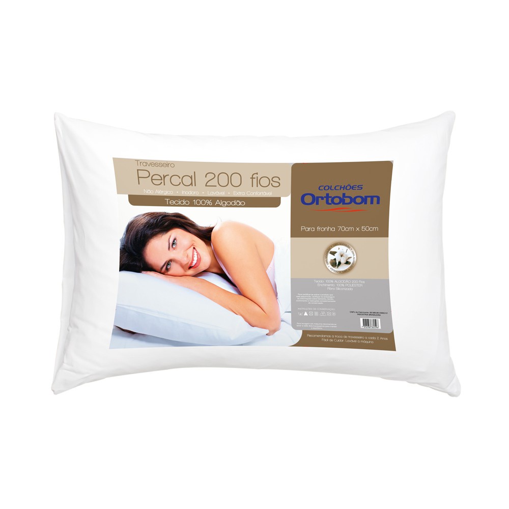 Kit 4 Travesseiros Premium Ortobom 200 Fios Percal 100% Algodão