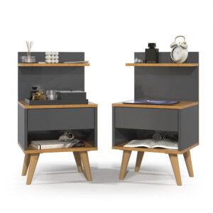 Kit com 2 Mesa de Cabeceira Retrô Com 1 Gaveta Sleep Decor - Cores - KIT SLEEP - CINZA / NATURE