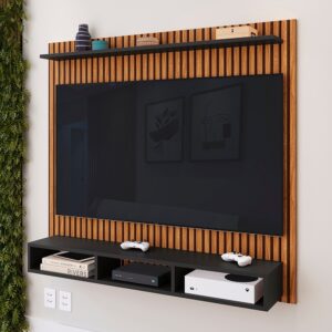 Painel para TV 50 Polegadas Ripado 3 Nichos e Prateleira Suspensa Home Rack Sala Quarto Moderno
