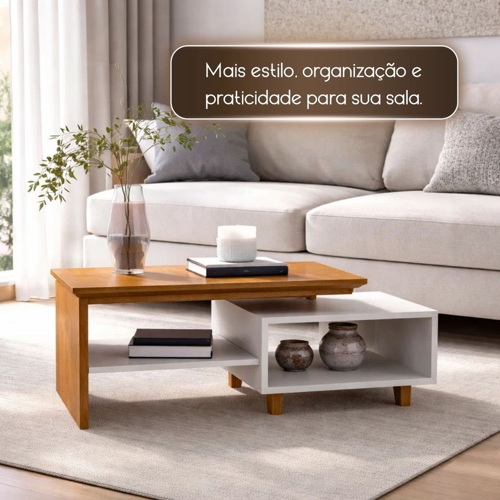 Mesa Centro Sala Retangular Tampo Duplo Pés Madeira Maciça Design Moderno Luxo Compacta