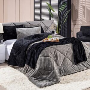 Kit Coberdrom KING 03 Peças Edredom Cobertor Dupla Face Canelado Denver Manta Quente com Fronhas - Cinza