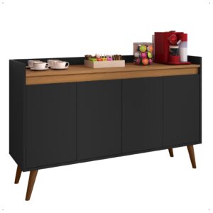 Aparador Buffet Retrô Pés Palito Em Madeira Maciça Esplanada Cantinho Do Café Recepção 2,3,4 Portas - Lívia 4 Preto Com Freijó