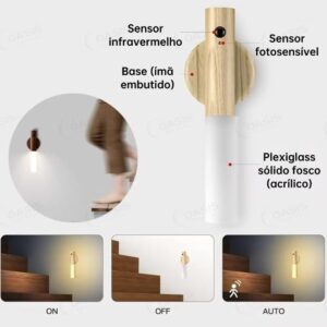Luminaria Led Recarregável Sensor de Movimento Arandela de Madeira Minimalist Mesa Parede Magnética