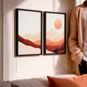 Kit 2 Quadros Decorativos com Moldura Paisagem Abstrata Montanhas Sol Minimalista Ton Terrosos Sala