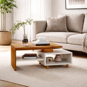 Mesa Centro Sala Retangular Tampo Duplo Pés Madeira Maciça Design Moderno Luxo Compacta - Naturalle-Off-White