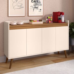 *Aparador Buffet Cantinho Café Sala Jantar Cozinha 4 Portas Puxador Embutido Prateleira Interna K7 - Lívia 4 Off White Com Freijó