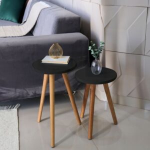 Mesa Pé Palito De Apoio E Lateral Sofa Mdf ou Mdp E Madeira - Kit Mesa Preto