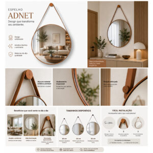 Espelho Adnet Com Alça Couro Redondo Decorativo Várias Tamanhos + Suporte
