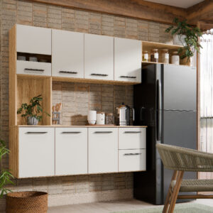 Armário de Cozinha Juliana 180cm Suspenso 7 Portas 2 Gavetas MDF MDP Compacto Moderno 3 Cores - Damasco Off