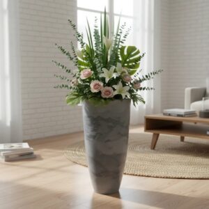 Vaso Luxo Planta Sala Coluna Ibiza Cone G Decorativo Liso - CINZA MARMORIZADO