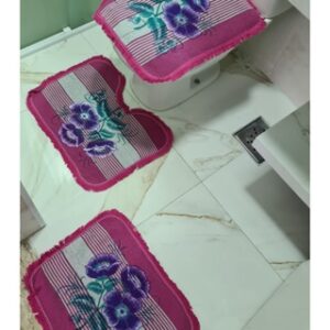 Tapete Para Banheiro Jogo 3 Peças Conjunto Tapetes Toalha Chão Piso Estampas Liso Barato Promoção - ROSA PINK ESTAMPADO
