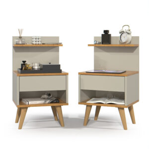 Kit com 2 Mesa de Cabeceira Retrô Com 1 Gaveta Sleep Decor - Cores - KIT SLEEP - OFF WHITE/ NATURE