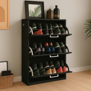 Sapateira 3 Portas com Prateleiras | Até 20 Pares | MDP | Móveis Bonatto - Preto