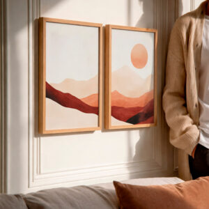 Kit 2 Quadros Decorativos com Moldura Paisagem Abstrata Montanhas Sol Minimalista Ton Terrosos Sala