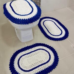 Jogo De Banheiro Em Crochê 3 Peças Vezinho Artesanal - Azul Royal