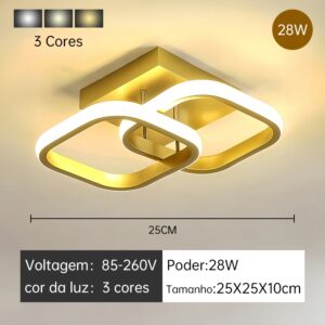 Luminária Plafon Moderno Dourado LED, Para Sala, Quarto, Hall de Entrada, Sala de Estar Bivolt 85-265V - HH250801(25X25X10CM)