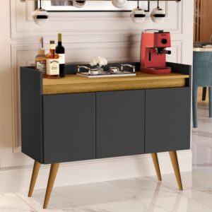 *Aparador Buffet Cantinho Café Sala Jantar Cozinha 4 Portas Puxador Embutido Prateleira Interna K7 - Luxo 3 Preto Com Madeirado