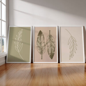 Kit 3 Quadros Decorativo Folha Verde Desenho Minimalista Neutro Natural Simples Com Moldura