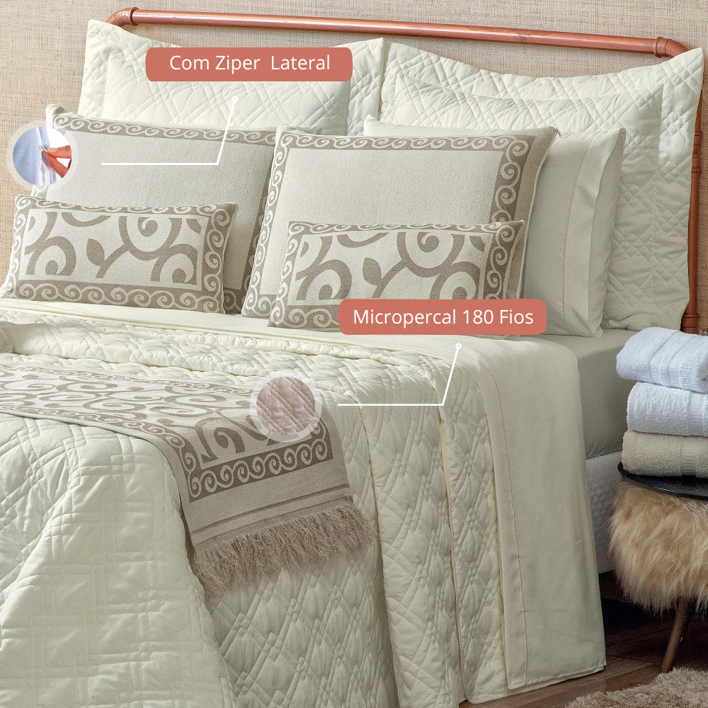 Kit Colcha Cobre Leito Casal King Completo Turin 180 Fios 14 peças Exclusivo Premium