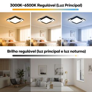 Luminária Plafon LED de Teto Quadrada 45W Bivolt com Controle Remoto 3 Cores