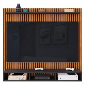 Painel para TV 50 Polegadas Ripado 3 Nichos e Prateleira Suspensa Home Rack Sala Quarto Moderno - Ripado/Preto