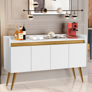 *Aparador Buffet Cantinho Café Sala Jantar Cozinha 4 Portas Puxador Embutido Prateleira Interna K7 - Luxo 4 Branco Com Madeirado