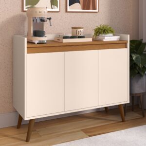 *Aparador Buffet Cantinho Café Sala Jantar Cozinha 4 Portas Puxador Embutido Prateleira Interna K7 - Lívia 3 Off White Com Freijó