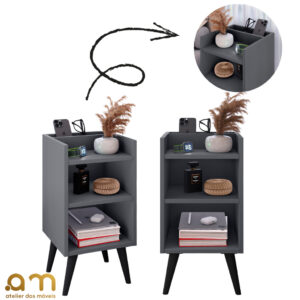 Kit com 2 Mesa de Cabeceira Nicho Organizador, pés retrô em PVC e Porta-Celular Max - Kit Max Cinza